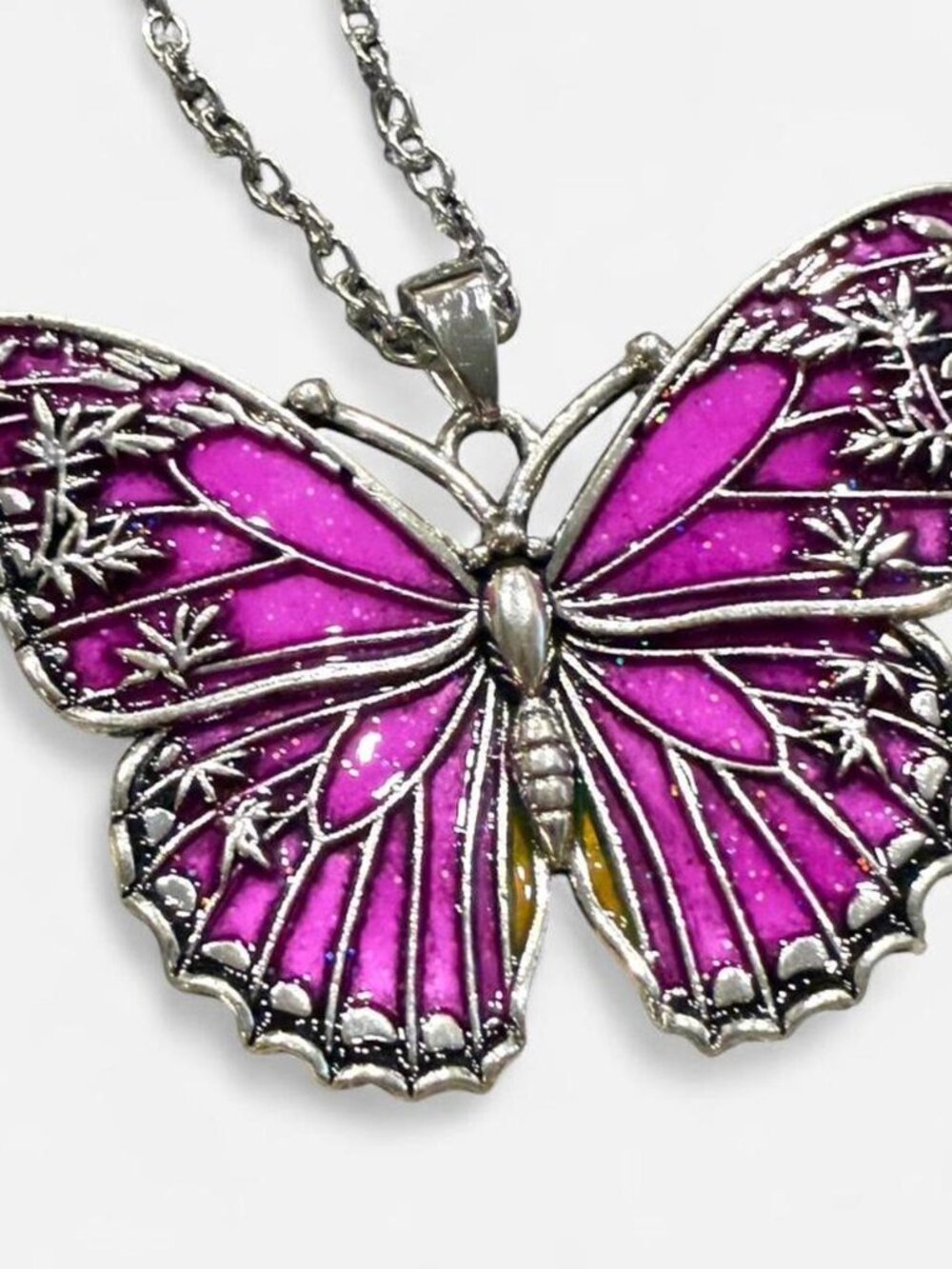 Fuchsia Butterfly Pendant Necklace Silver Tone 16" Chain